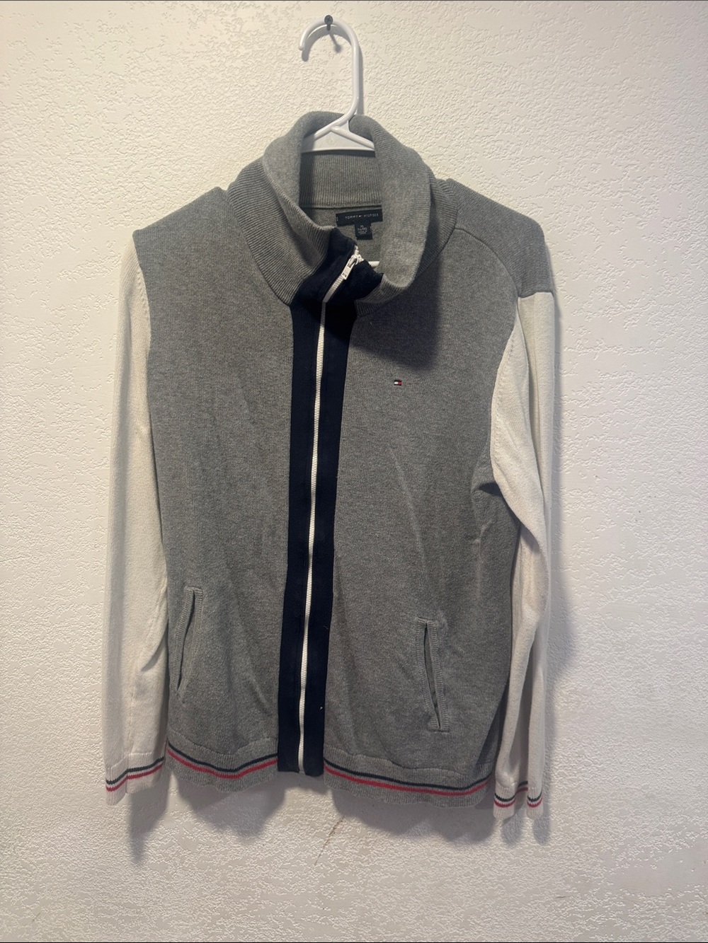 Tommy Hilfiger Gray and White Zip-Up Sweater with Navy Trim